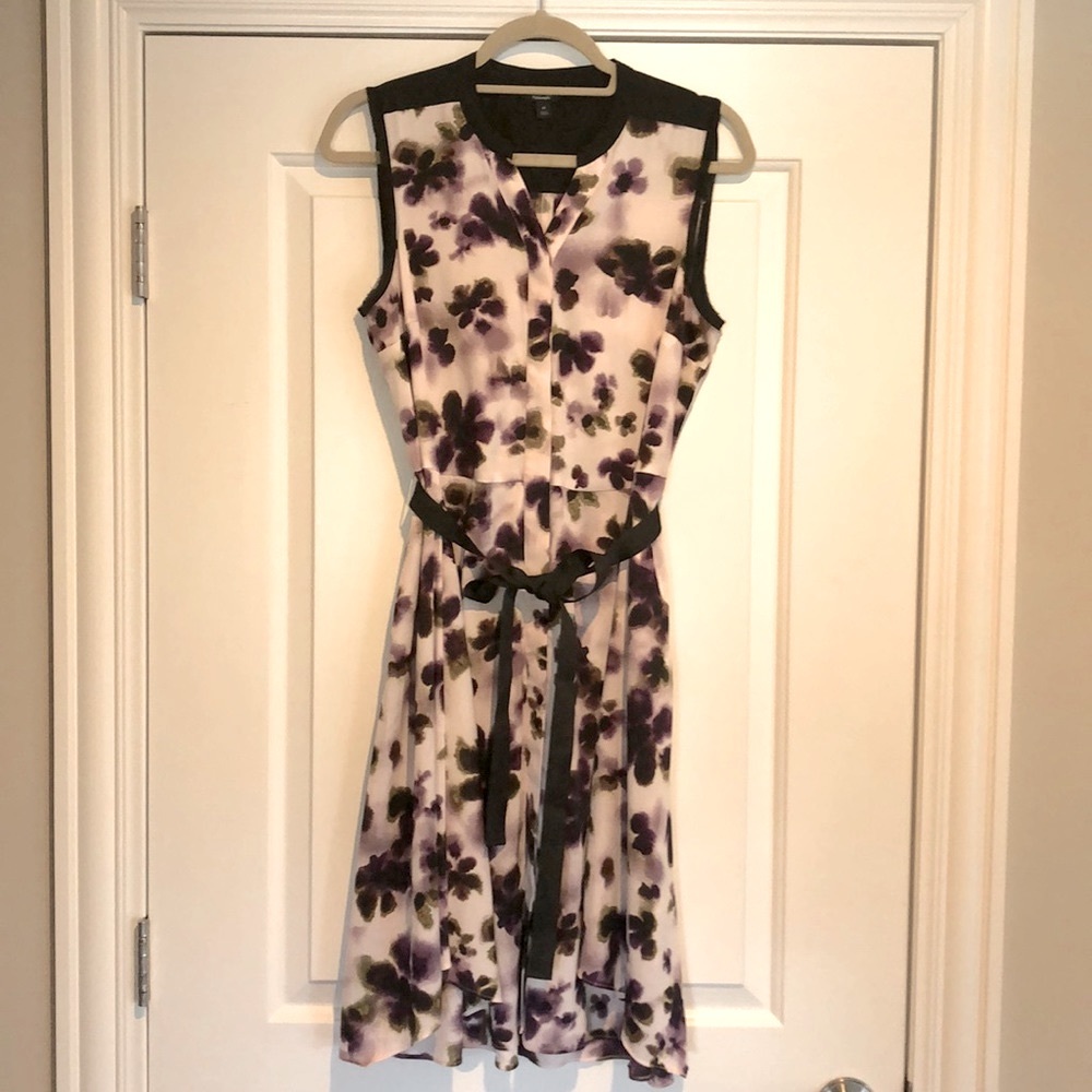 Sleeveless White & Black Dress with Tiefront & Purple Flowers